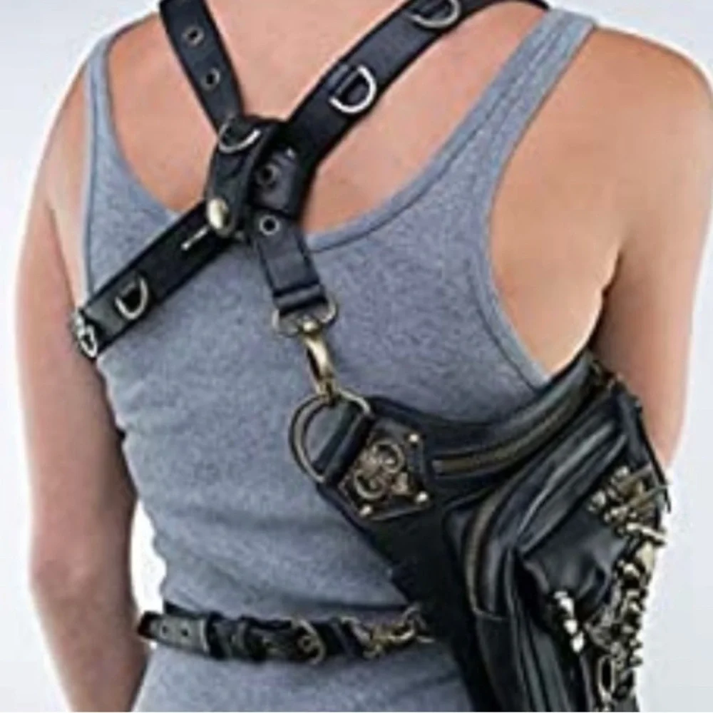 Black Leather Crossbody Bag with Gold Accents Biker Goth Steampunk New No‎ Tags